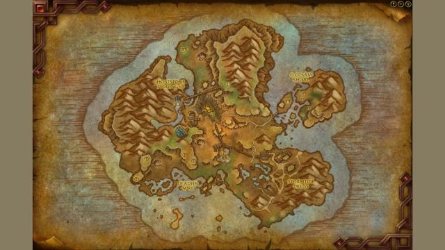 Map of Siren Isle in World of Warcraft with brown background.