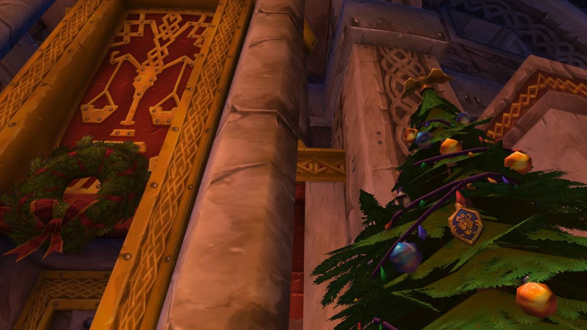 Ironforge banner and Christmas tree for Winter's Veil celebration in World of Warcraft.