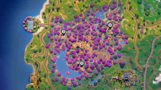 The Nightshift Forest POI with three Bushranger spawn locations marked in Fortnite.