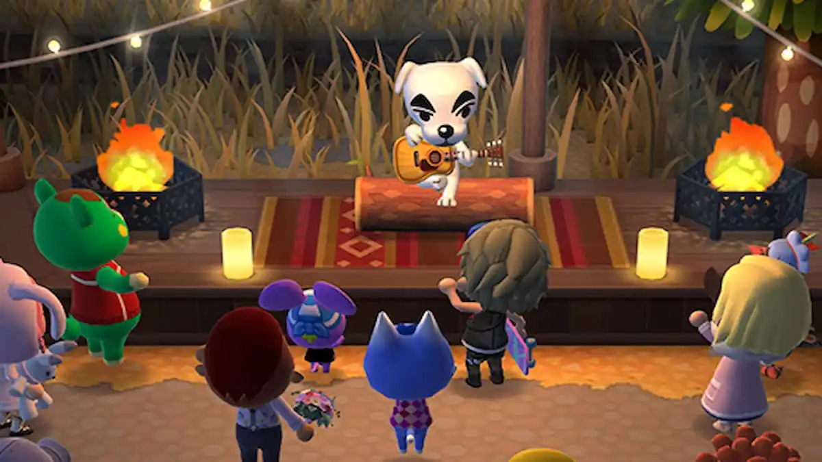 K.K. Slider playing guitar in front of villagers and campers from Animal Crossing: Pocket Camp Complete.