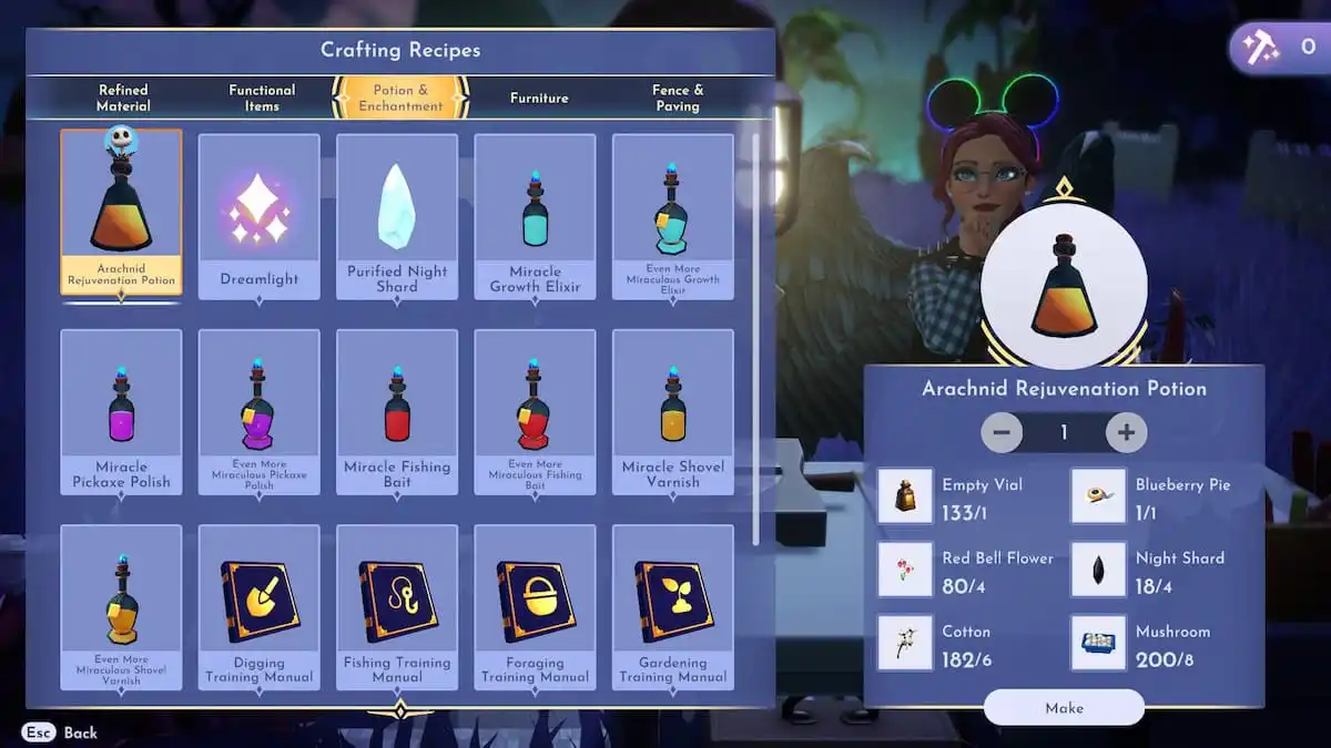 An Arachnid Rejuvenation Potion about to be crafted in Disney Dreamlight Valley.