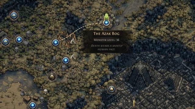 An illustrated map showing Aztec and indigenous southern American-inspired architecture and nature with a textbox describing the Azak Bog area in Path of Exile 2, saying: Death wears a mostly human face.