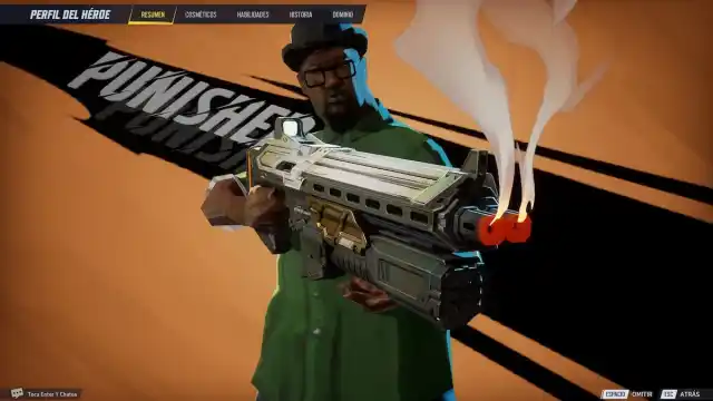 The Punisher hero in Marvel Rivals portrayed as an African-American man wearing a green shirt and a hat, holding a massive gun smoking from its barrels.