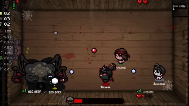 Binding of Isaac co-op gameplay with 3 players against a boss