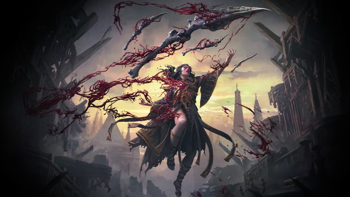 A Blood Mage Witch commanding coagulated blood around her and turning it into weapons and spears while levitating above the ground in Path of Exile 2.