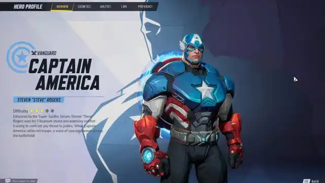 The hero Captain America in Marvel Rivals facing to the side of the camera. He wears a massive suit modelled after the American flag, with blue, red, and white accents, and a giant white star on his chest.