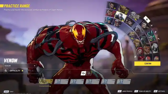 The hero Venom selected in the Marvel Rivals hero selection screen. He does not look like himself, but rather the hero Carnage from Marvel Comics, with strange red eyes, a black spider across his body, red skin, and pipes going through him.