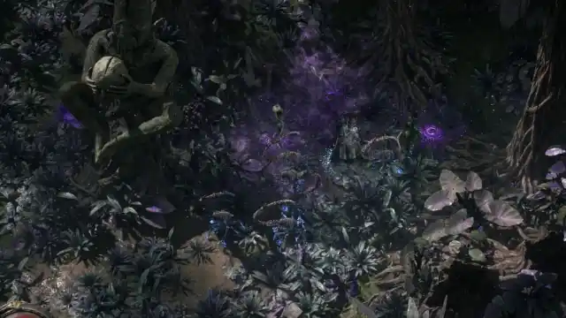 A Witch and her skeletal warriors standing amid a bunch of hostile flowers and other flora which are releasing toxins and deadly gases in Path of Exile 2.