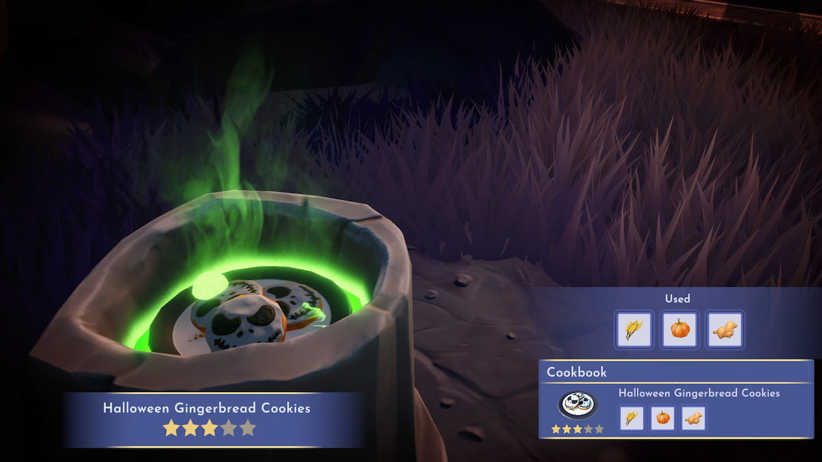 A plate of three white and black Halloween Gingerbread Cookies with Jack Skellington's face in a stone cooking station with green smoke coming out of it in Disney Dreamlight Valley.