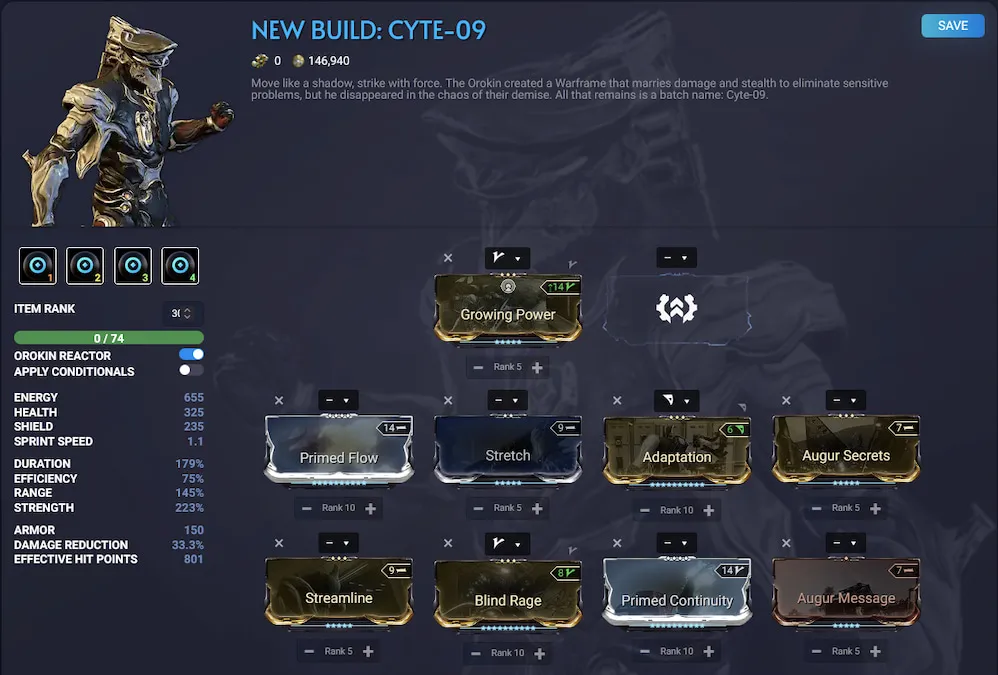 A Cyte-09 build that doesn't use Formas and contains Growing Power, Primed Flow, Stretch, Adaptation, Augur Secrets, Streamline, Blind Rage, Primed Continuity, and Augur Message