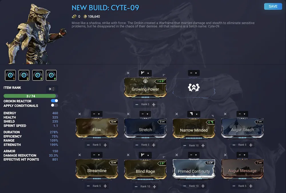 A Cyte-09 build that uses Growing Power, Flow, Stretch, Narrow Minded, Augur Reach, Streamline, Blind Rage, Primed Continuity, and Augur Message.