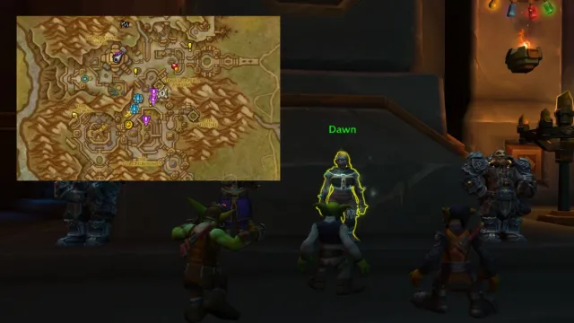 Dawn character in Dornogal World of Warcraft with a map pasted over the top.