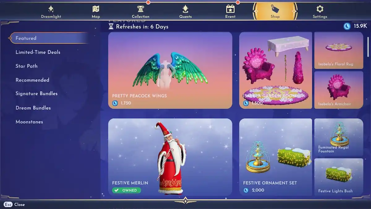 Peacock wings, a flowery bedroom set, merlin in a santa costume, and a festive ornament set in the Disney Dreamlight Valley Premium Shop.