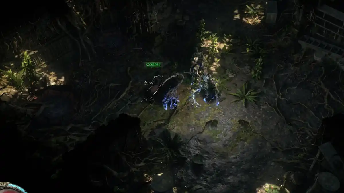 A witch and her skeletal warriors standing amid the ruins of an Aztec-inspired temple infested with snakes and overgrown with foliage in Path of Exile 2.