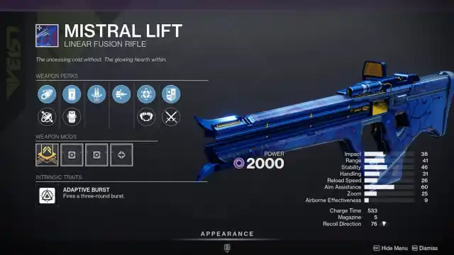 Mistral Lift inspect screen in Destiny 2