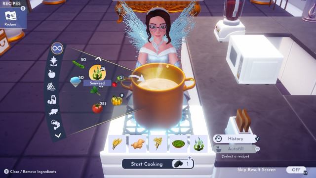 An avatar in Disney Dreamlight Valley looking into a cooking pot on a white stove.