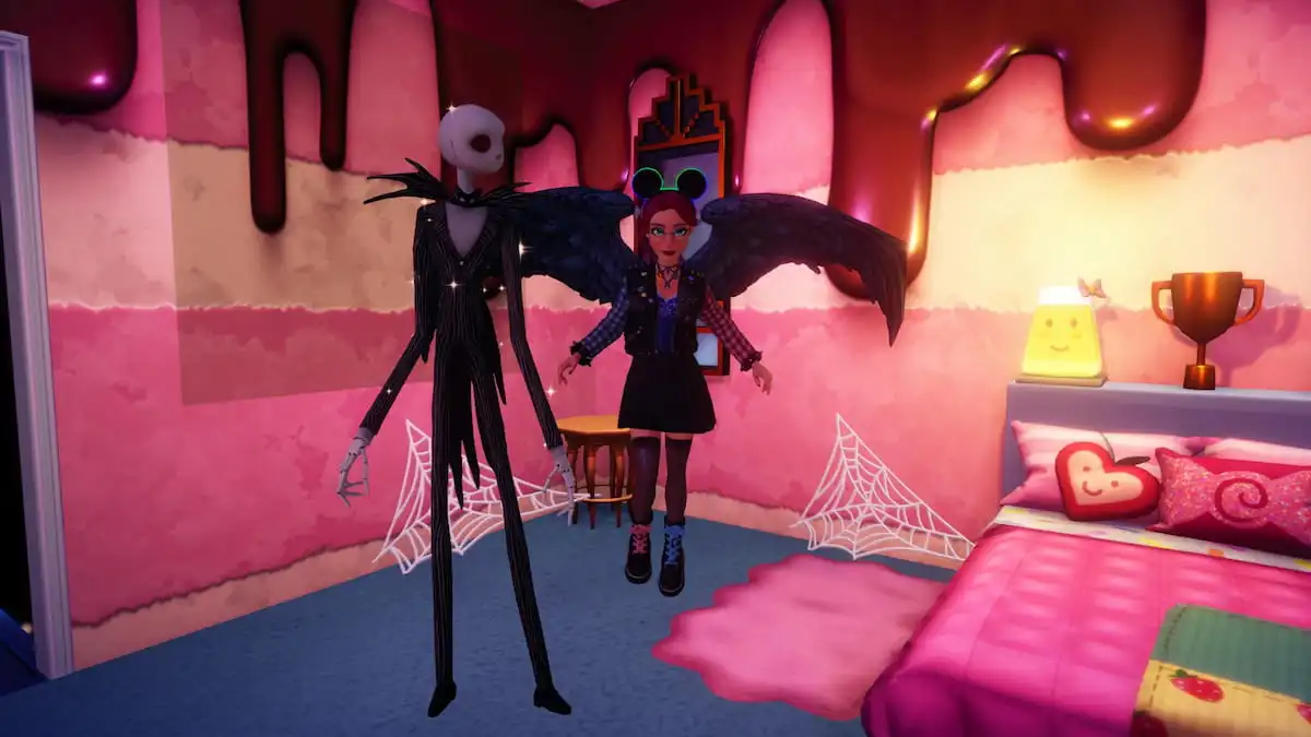 A player with dark black wings flying next to Jack Skellington and spiderwebs in a bright pink house in Disney Dreamlight Valley.