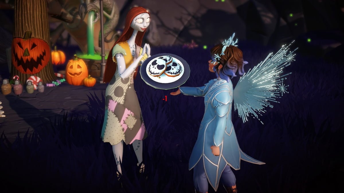 A player dressed as an icy blue fairy with blue wings, a blue dress, and a blue crown hanging black and white Halloween Gingerbread Cookies to Sally in Disney Dreamlight Valley.