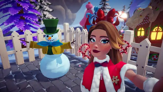 A player taking a picture with a mad hatter snowman in Disney Dreamlight Valley.