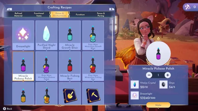 Crafting Miracle Pickaxe Polish in Disney Dreamlight Valley.