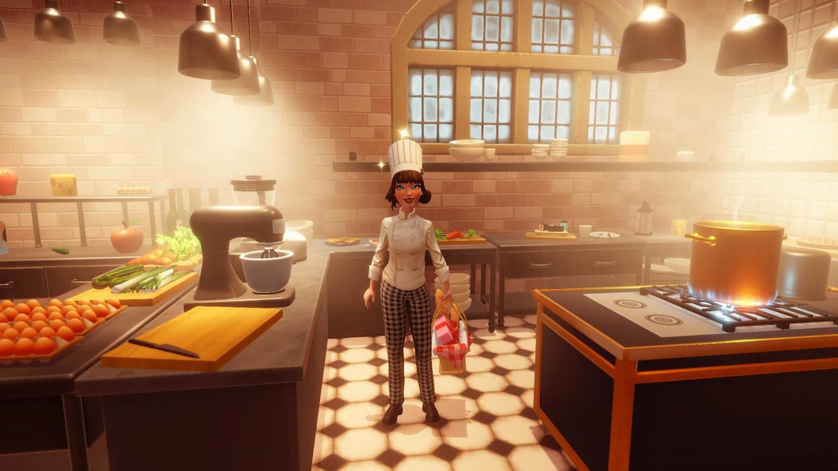 A player dressed as a chef with a white hat standing in a kitchen in Disney Dreamlight Valley.