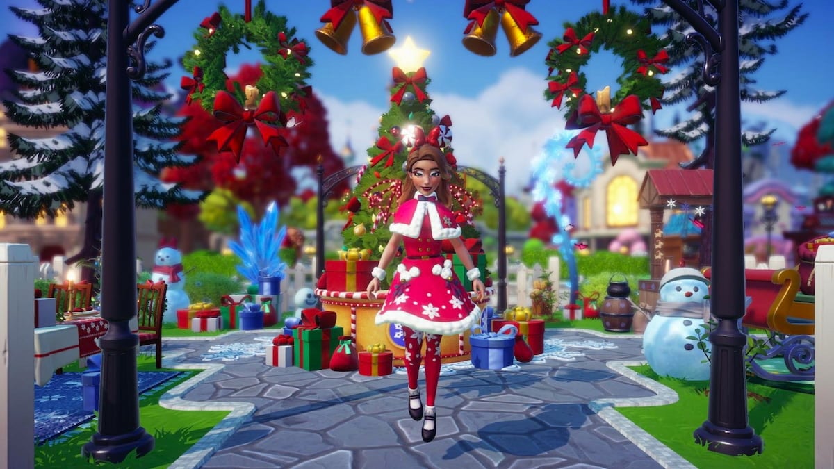 A player wearing a red santa outfit flying in front of a decorated holiday tree while surrounded by festive decorations in disney dreamlight valley.