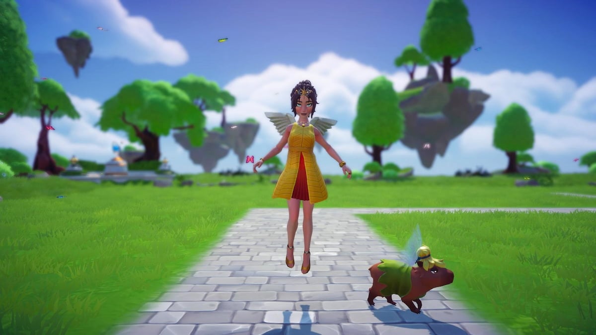 A player wearing a yellow and orange dress flying above a brick path on a vibrant light green floating island in Disney Dreamlight Valley.