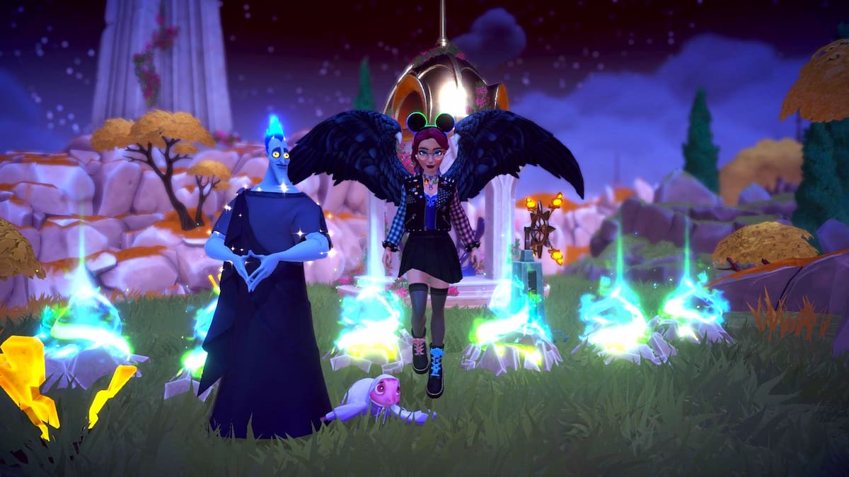 A player flying with black wings in front of some blue green flames while standing next to Hades in Disney Dreamlight Valley.