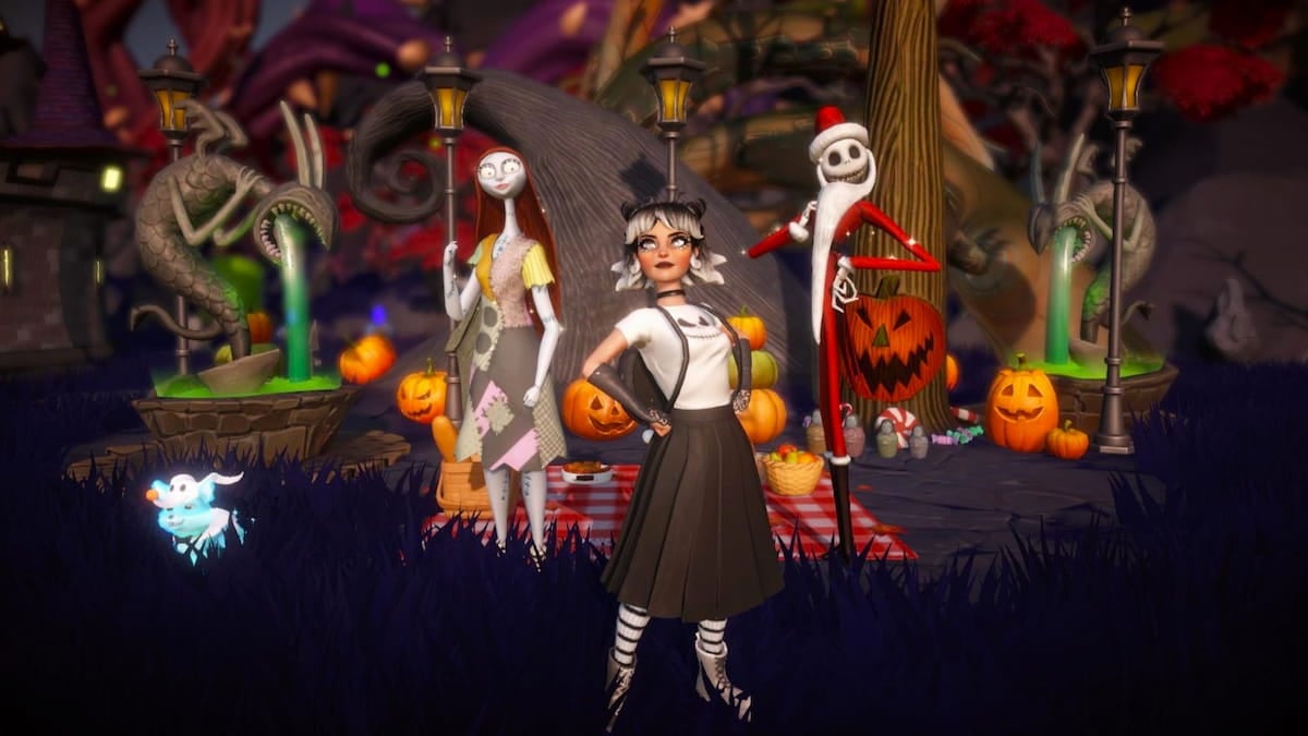 A player with white and black hair and black horns standing confidently with their hands on their hips in front of a red picnic blanket and Jack and Sally right behind them in Disney Dreamlight Valley.