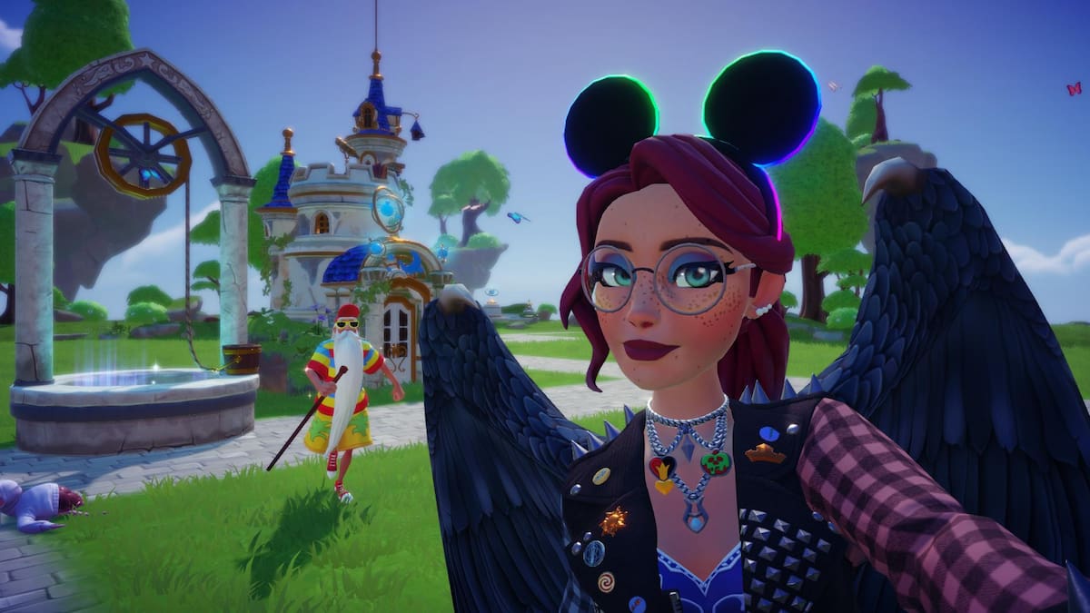 A player wearing rainbow and black mickey ears taking a picture with Merlin in front of his house in Disney Dreamlight Valley.