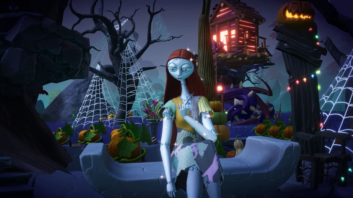 Sally sitting on a grey stone bench holding a needle to sew her arm in Disney Dreamlight Valley.