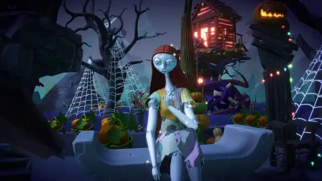 Sally sitting on a grey stone bench holding a needle to sew her arm in Disney Dreamlight Valley.