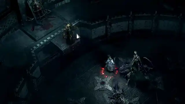 A robed man called Doryani levitating from a ledge with a woman strapped to a bed behind him while a witch and her skeletal army awaits him to descend and to fight them in a dark and gloomy arena in Path of exile 2.