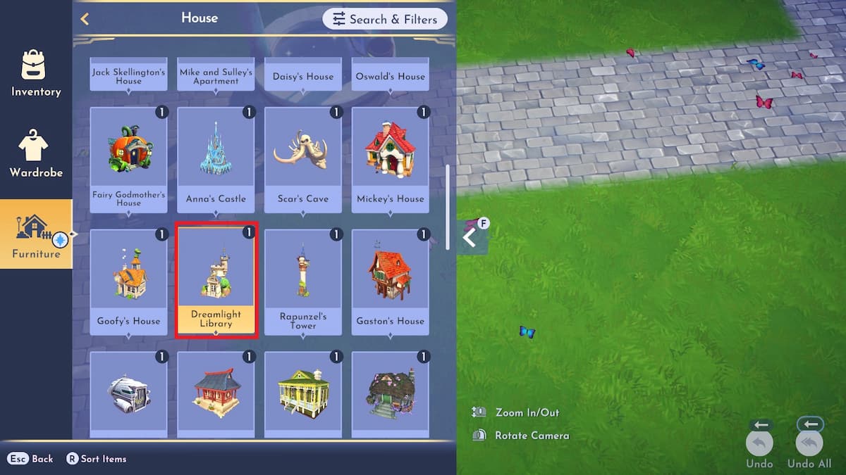 Merlin's Dreamlight Library house marked in the Furniture menu in Disney Dreamlight Valley.