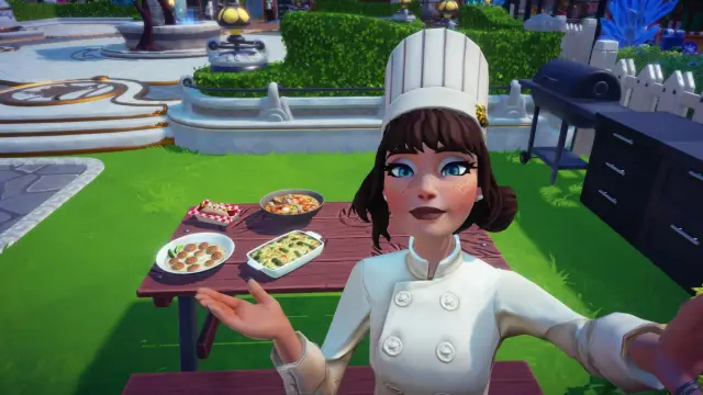 Four meals sitting on a red wooden picnic table behind a player wearing a white chef's hat and top taking a picture with them in Disney Dreamlight Valley.