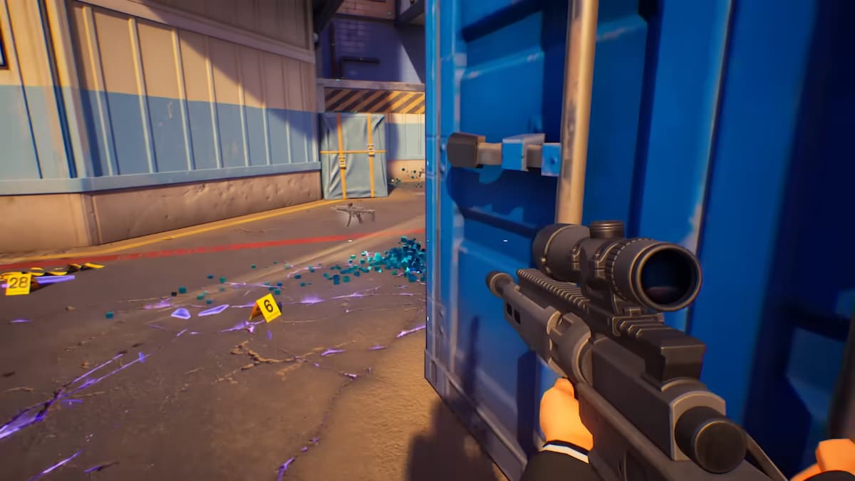 A first person player holding gun with a scope while hiding behind a container in Fortnite Ballistic.