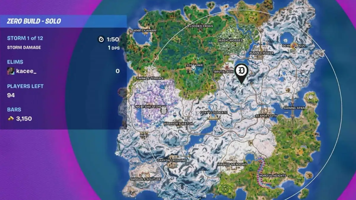 Mariah Carey's map location marked on the map in Fortnite.