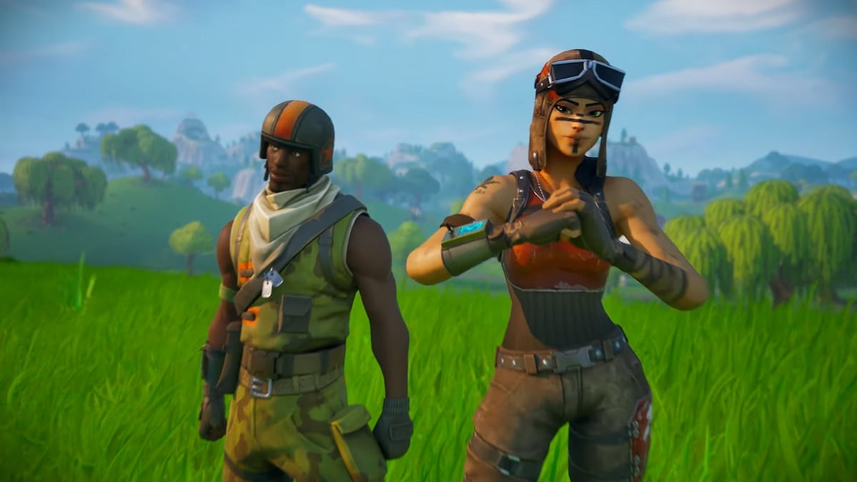 Renegade Raider and Aerial Assault Trooper standing on a grassy hill in Fortnite.