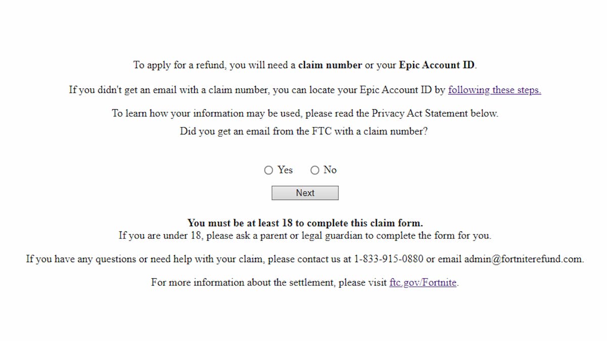 The Fortnite TFC refund webpage
