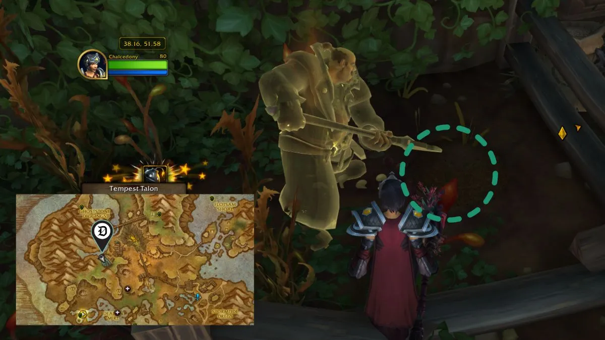 A rune in World of Warcraft with a Kul Tiran ghost nearby and a mini map showing where to go in game.