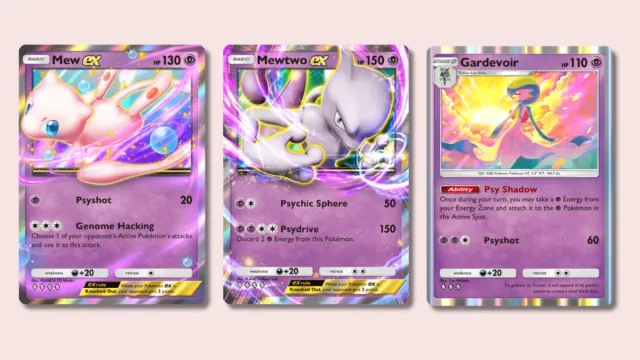 Mew ex, Mewtwo ex, and Gardevoir Pokémon TCG Pocket cards.