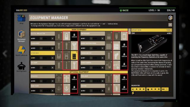 The Equipment Manager page in Phasmophobia with all Tier II and Tier III items outlined with red boxes.