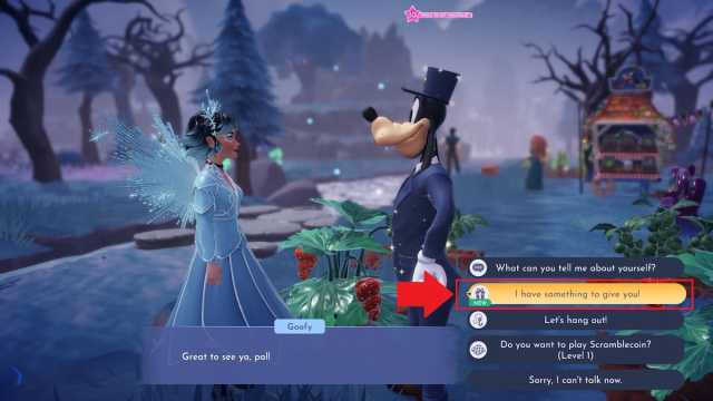 The I have something to give you option marked while the player talks to Goofy in Disney Dreamlight Valley.