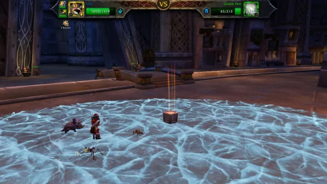 Player battling against a snow globe yeti on an ice rink in World of Warcraft.