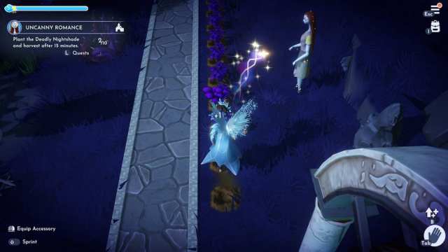 A player with icy fairy wings digging up Deadly Nightshade while Sally watches in Disney Dreamlight Valley.