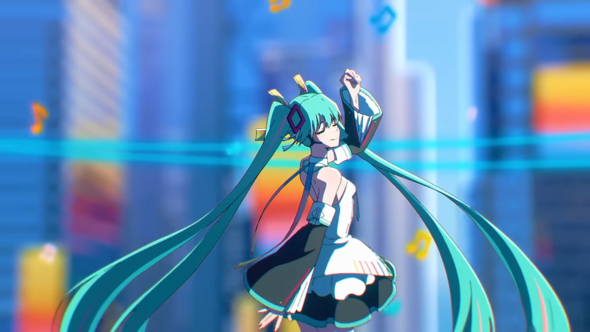 Hatsune Miku dancing with her eyes closed.