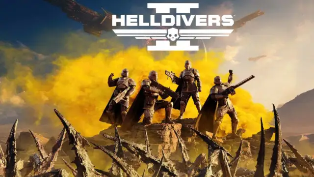 Helldivers splash art with 4 player co-op multiplayer