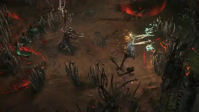 The bog witch Ignaduk standing with her staff made of bones and launching red circles of fire at another witch who is wielding a bunch of bone splinters and aiming them at Ignaduk in Path of Exile 2.