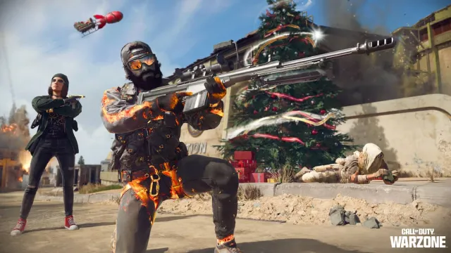 CoD operators fighting and sniping in Warzone's winter themed map