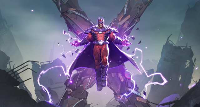 Magneto in Marvel Rivals hovers with broken buildings and twisted metal all around him